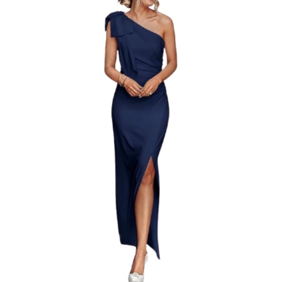 Women's One Shoulder Long Formal Sleeveless Ruched Bodycon Dress - Picture 1 of 9